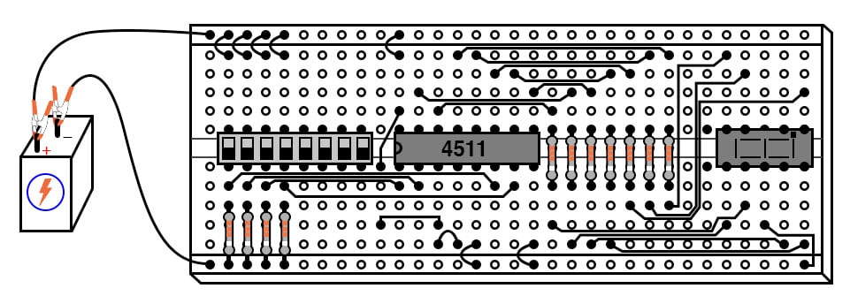 Breadboard implementation of the 7-segment LED display circuit.