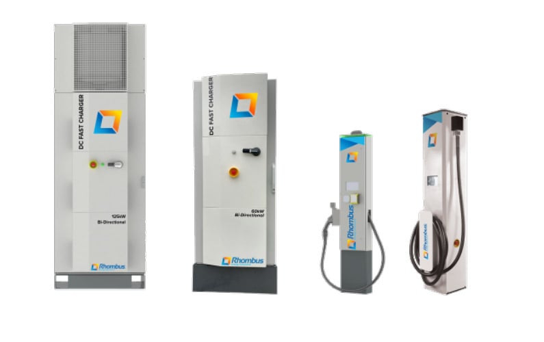 Silicon carbide enables more developments in systems that provide bi-directional EV charging such as these EV charging systems from Rhombus. 