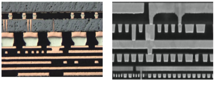 The interconnect architecture in a 3D-printed circuit board (left) looks similar to the architecture in an IC (right)