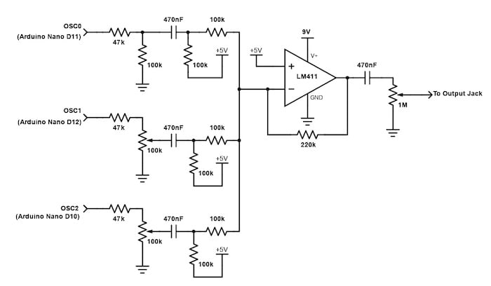Schematic of the summing amplifier circuit.