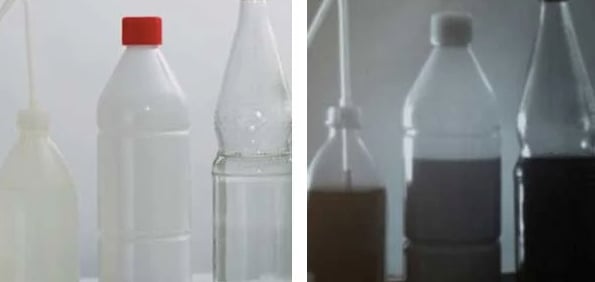 Filled bottles imaged with visible light (left) and SWIR (right)