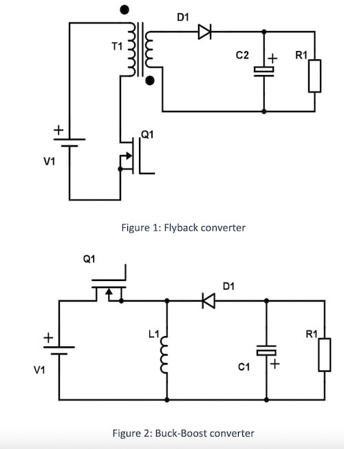 Examples of a flyback converter and a buck-booster converter circuits.