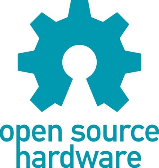 A stylized, teal-colored gear above the words open source hardware.