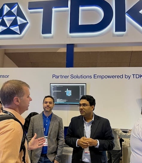 At Sensors Converge 2024, Dale Wilson (left) talks to TDK representative about the company's new Sensor Partner Program