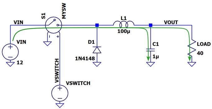 Flujo de corriente a través de un convertidor reductor LTspice.