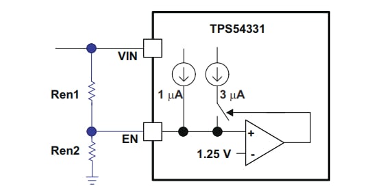 A UVLO circuit that uses current sources to adjust the threshold.