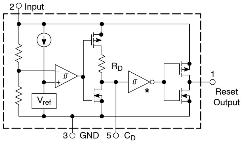Simplified circuit diagram of a supervisor IC from the NCP302 series.