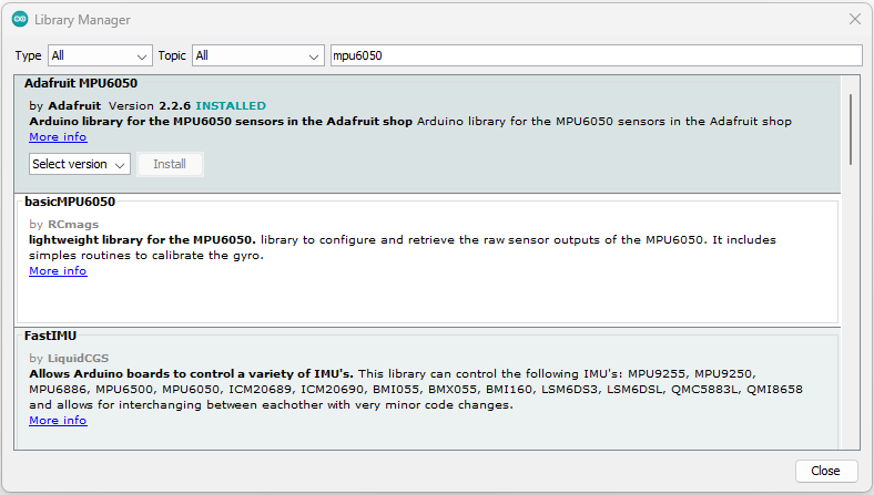 The Arduino Library Manager window after finding and installing Adafruit’s MPU6050 library.