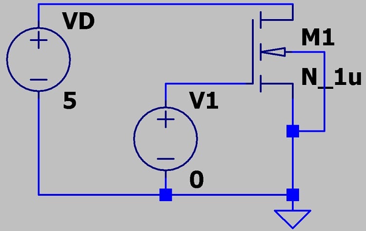 LTspice NMOS transistor with voltage sources applied.