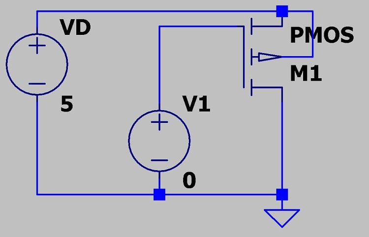LTspice PMOS transistor with voltage sources applied.
