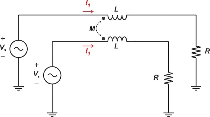 A simplified model of a CMC for calculating common-mode impedance.