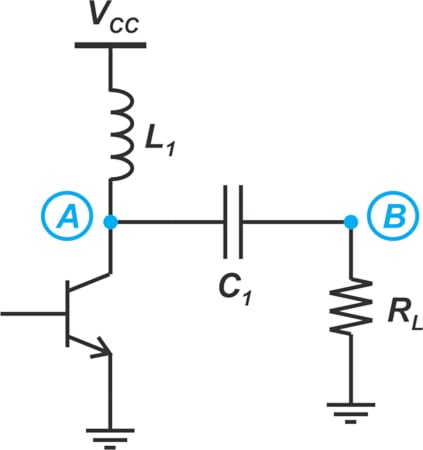 Circuit diagram of an inductively-loaded common-emitter amplifier.
