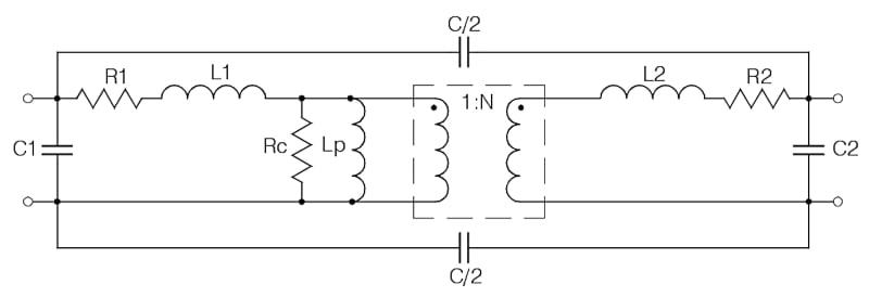 Equivalent circuit model of a magnetically coupled transformer with non-idealities.
